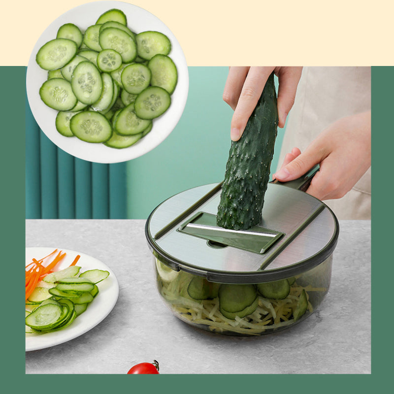 "Multifunktionell kökshackare med 5 blad, mörkgrå, halkfritt grepp, smart dränering, effektiv matberedning, elegant design."