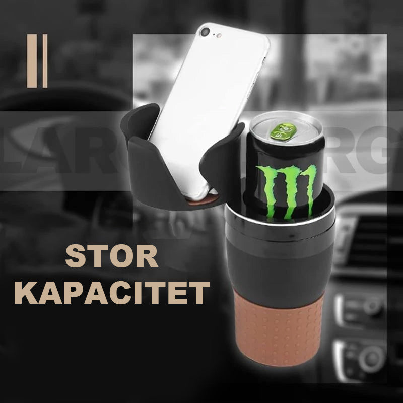 Multifunktionell kopphållaradapter för bilar, svart design, 360° rotation, förvarar drycker och tillbehör organiserat.