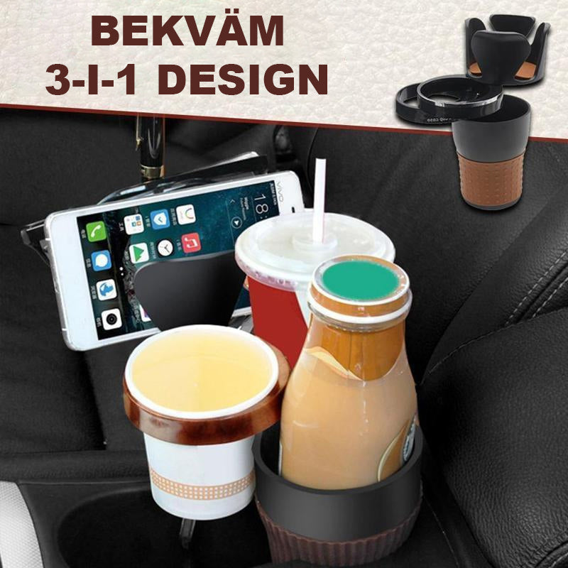 Multifunktionell kopphållaradapter för bilar, svart design, 360° rotation, förvarar drycker och tillbehör organiserat.