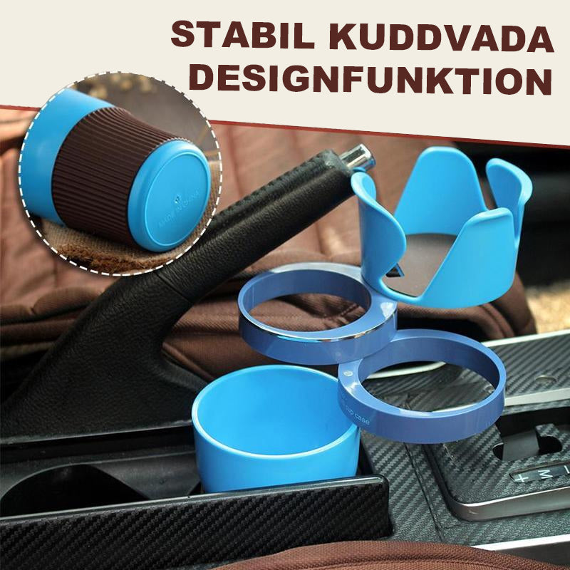 Multifunktionell kopphållaradapter för bilar, svart design, 360° rotation, förvarar drycker och tillbehör organiserat.