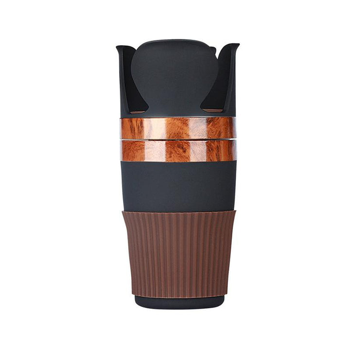 Multifunktionell kopphållaradapter för bilar, svart design, 360° rotation, förvarar drycker och tillbehör organiserat.