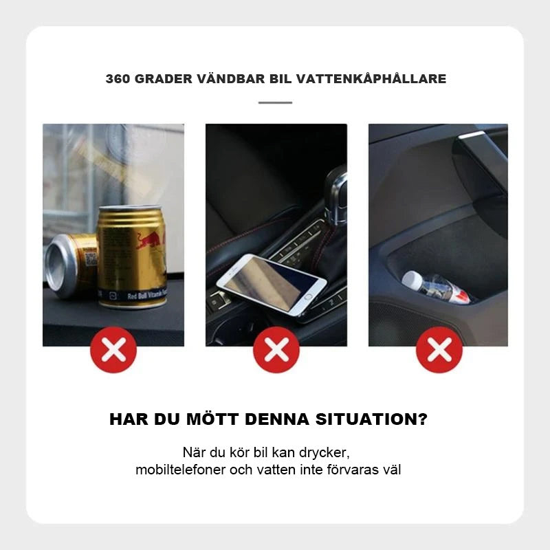 Multifunktionell kopphållaradapter för bilar, svart design, 360° rotation, förvarar drycker och tillbehör organiserat.