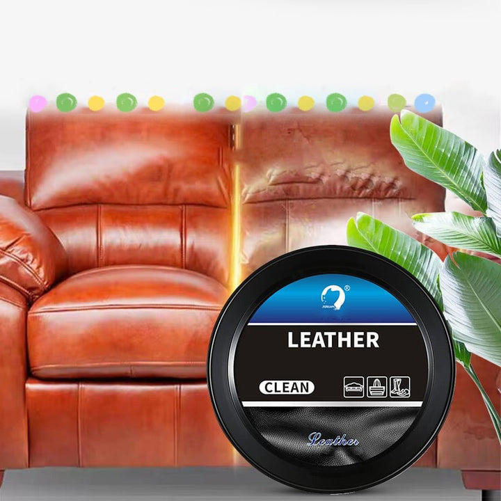 "Multifunktionell läderrengöringskräm för möbler och accessoarer, effektiv fläckborttagning och glans utan vatten."