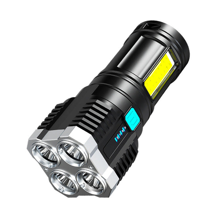 "Multifunktionell LED-ficklampa med starkt ljus, svart design, lyser i mörker. Perfekt för utomhusbruk och nödsituationer."