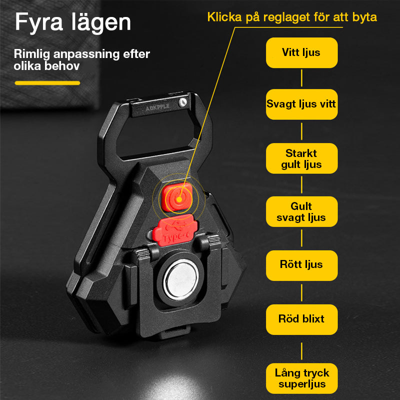 Multifunktionell LED-nyckellampa med stark magnet och krok, kompakt design, bärbar och perfekt för utomhusbruk.