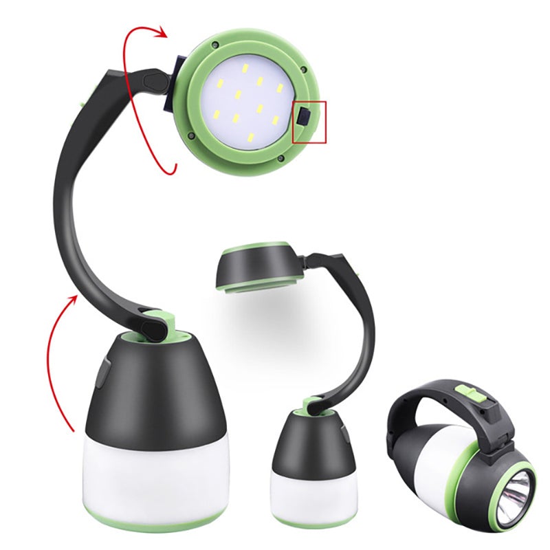 "Multifunktionell LED-uppladdningsbar campinglampa i röd, grön, blå, handhållen lyktor och bordslampa, 360° rotation."