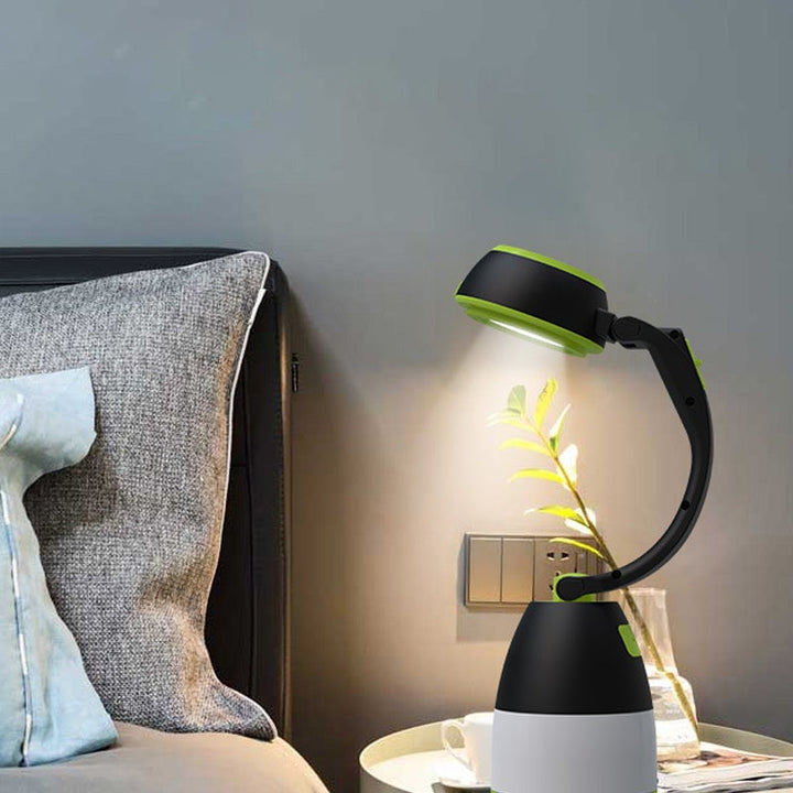 "Multifunktionell LED-uppladdningsbar campinglampa i röd, grön, blå, handhållen lyktor och bordslampa, 360° rotation."