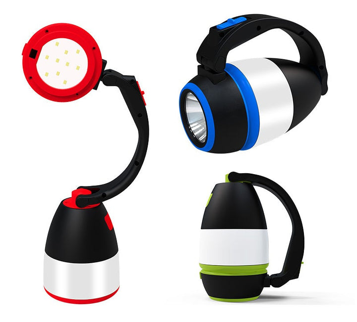 "Multifunktionell LED-uppladdningsbar campinglampa i röd, grön, blå, handhållen lyktor och bordslampa, 360° rotation."