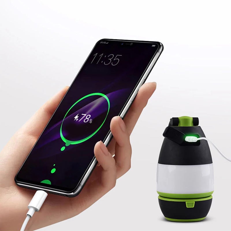 "Multifunktionell LED-uppladdningsbar campinglampa i röd, grön, blå, handhållen lyktor och bordslampa, 360° rotation."