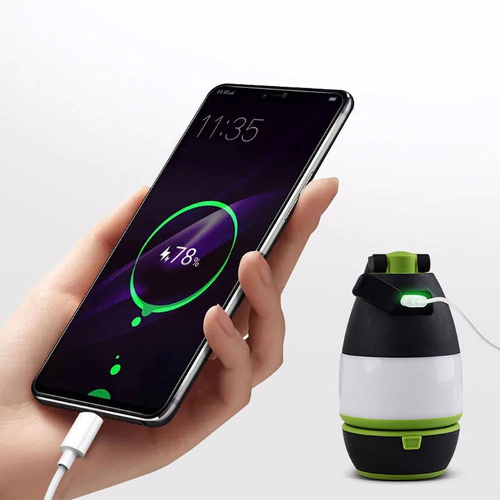 "Multifunktionell LED-uppladdningsbar campinglampa i röd, grön, blå, handhållen lyktor och bordslampa, 360° rotation."