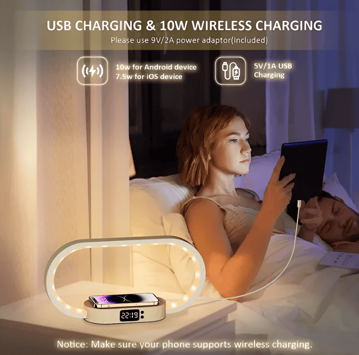 Smarthem-nattlampa med LED-belysning, digital klocka och effektiv trådlös laddningsplatta.