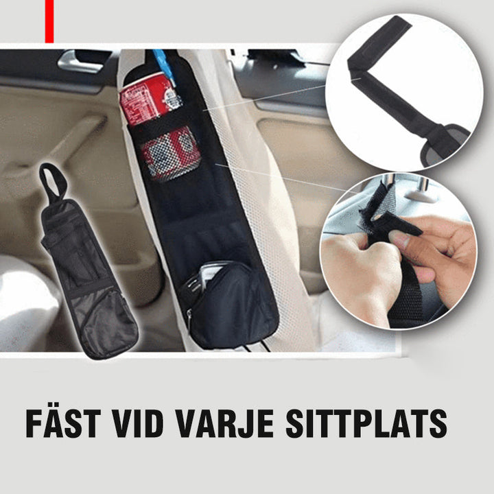 "Multifunktionell och hållbar bilsäte-förvaringsficka av vattentätt tyg för säker förvaring av telefoner, flaskor och snacks.