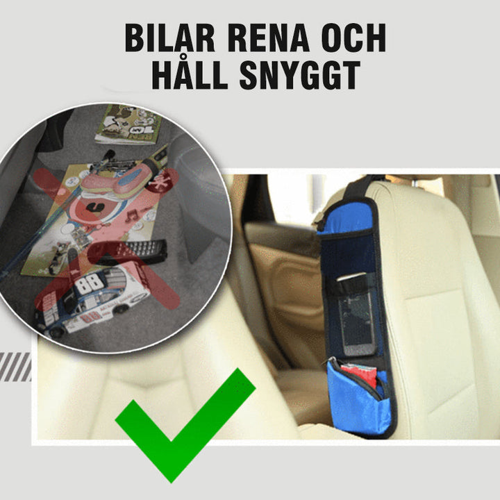 "Multifunktionell och hållbar bilsäte-förvaringsficka av vattentätt tyg för säker förvaring av telefoner, flaskor och snacks.
