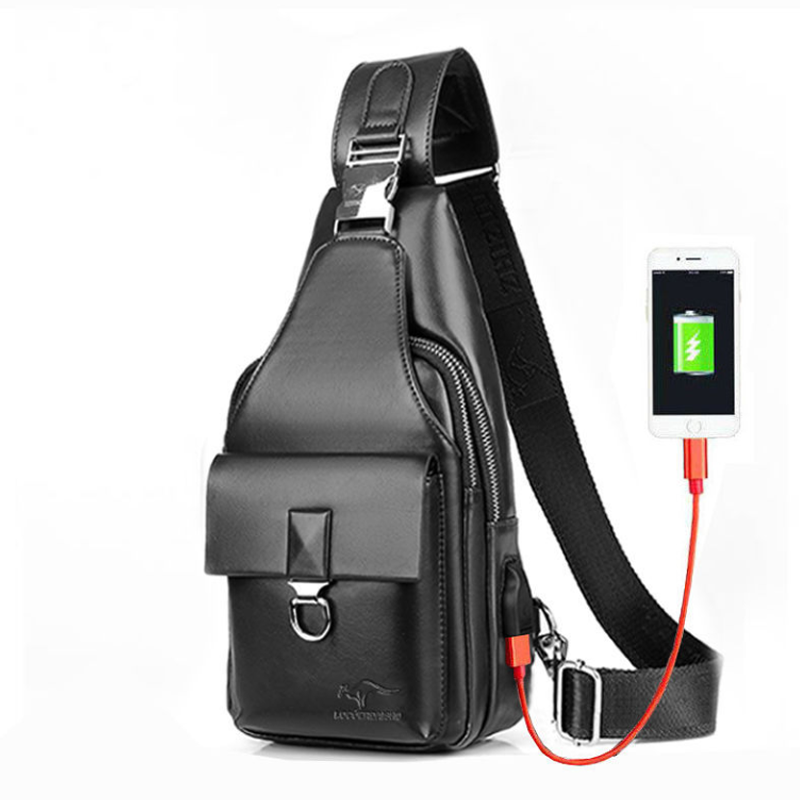 "Multifunktionell och stilren bröstväska för män, med USB-port, lätt vikt och flera fickor, i svart PU-material."