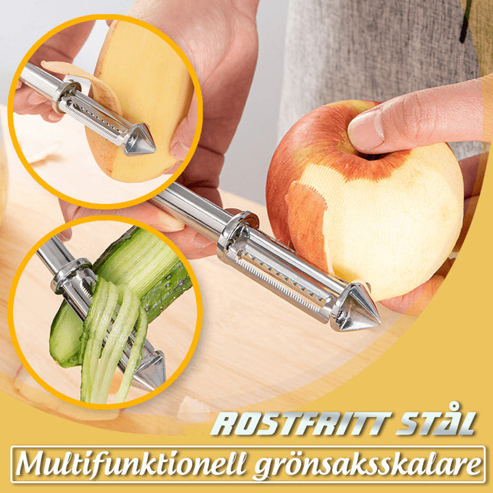 "Multifunktionell rostfri grönsaksskalare i zinklegering med ergonomiskt handtag och dubbelbladig design för enkel matberedni