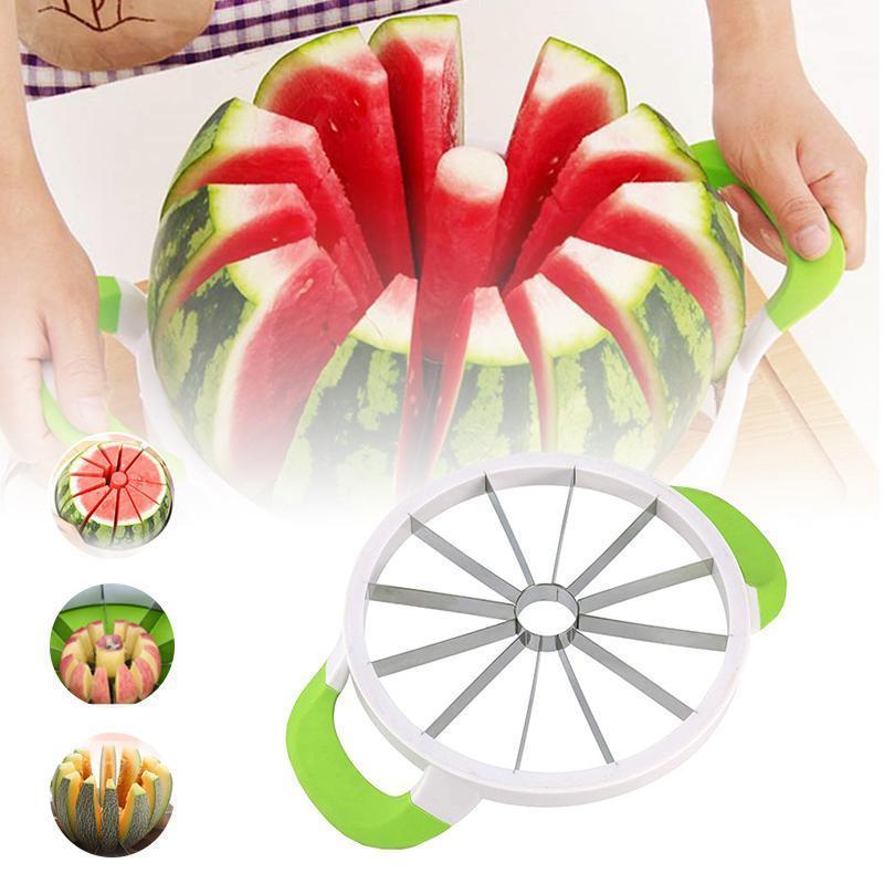 "Multifunktionell rund vattenmelonskärare i vit ABS-plast och rostfritt stål för snabb och jämn fruktskivning."