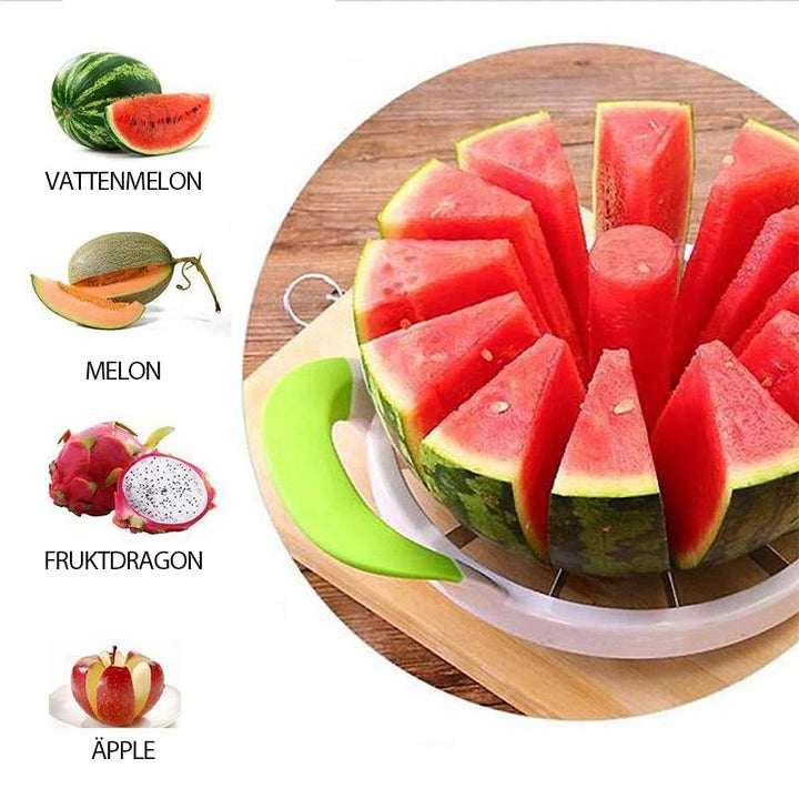 "Multifunktionell rund vattenmelonskärare i vit ABS-plast och rostfritt stål för snabb och jämn fruktskivning."