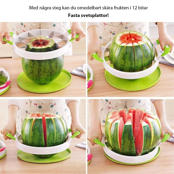 "Multifunktionell rund vattenmelonskärare i vit ABS-plast och rostfritt stål för snabb och jämn fruktskivning."