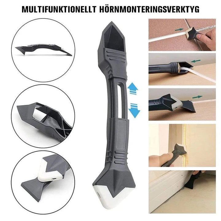 "Multifunktionell silikon fogborttagare i plast och stål med olika plasthuvuden. Perfekt för hörn och tuffa jobb."