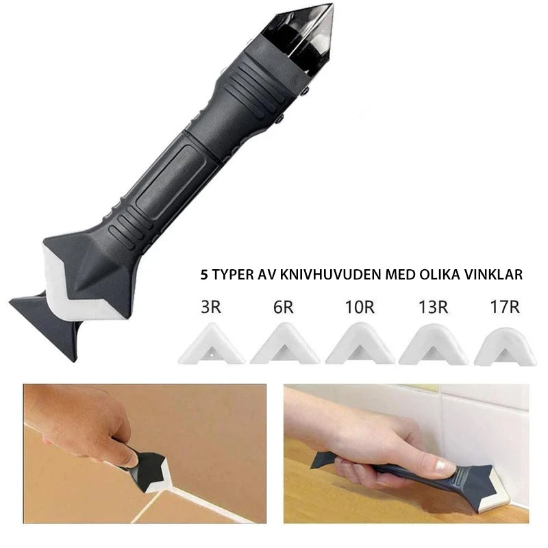 "Multifunktionell silikon fogborttagare i plast och stål med olika plasthuvuden. Perfekt för hörn och tuffa jobb."