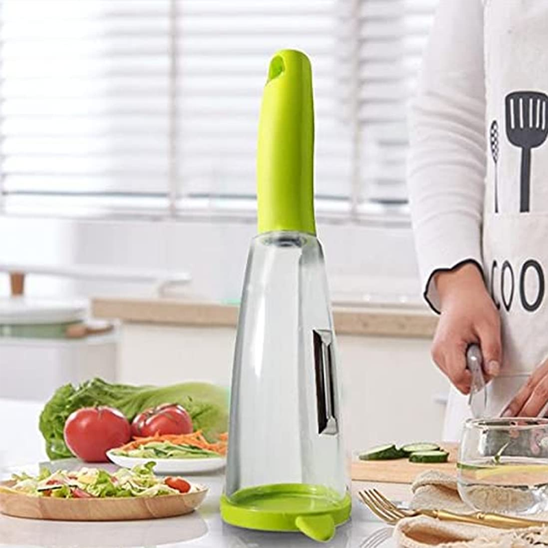 "Multifunktionell skalare i rostfritt stål med integrerad röd och grön förvaringslåda, modern design, köksredskap."
