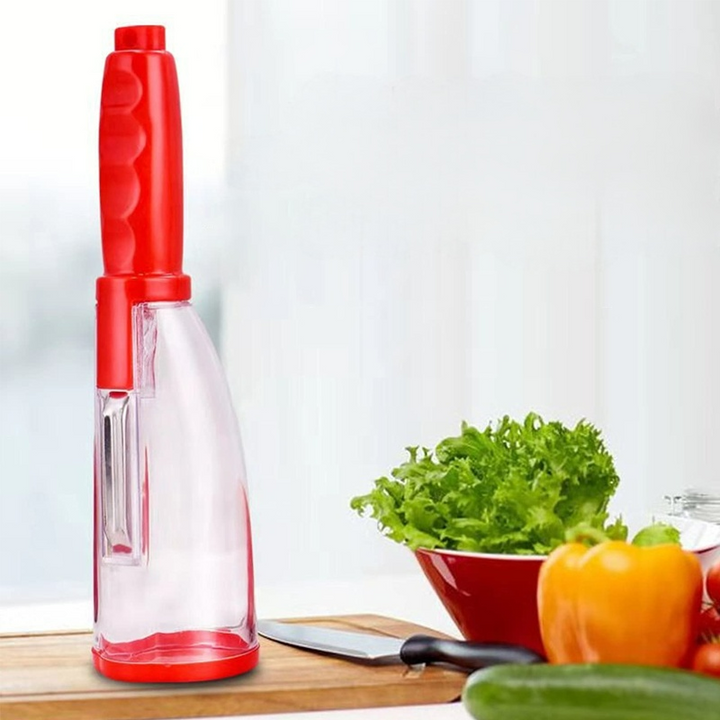 "Multifunktionell skalare i rostfritt stål med integrerad röd och grön förvaringslåda, modern design, köksredskap."