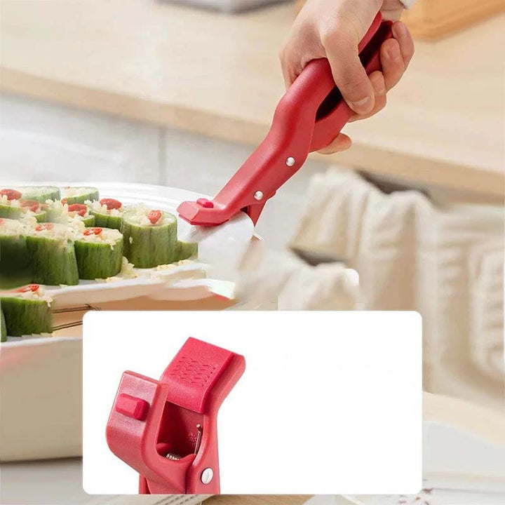 "Multifunktionell skålklämma i grön och röd för säkert grepp; modern design för alla skålstorlekar, halkfri och justerbar."