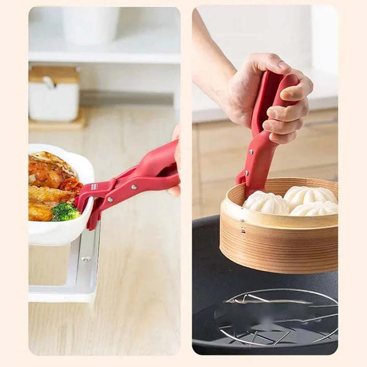 "Multifunktionell skålklämma i grön och röd för säkert grepp; modern design för alla skålstorlekar, halkfri och justerbar."