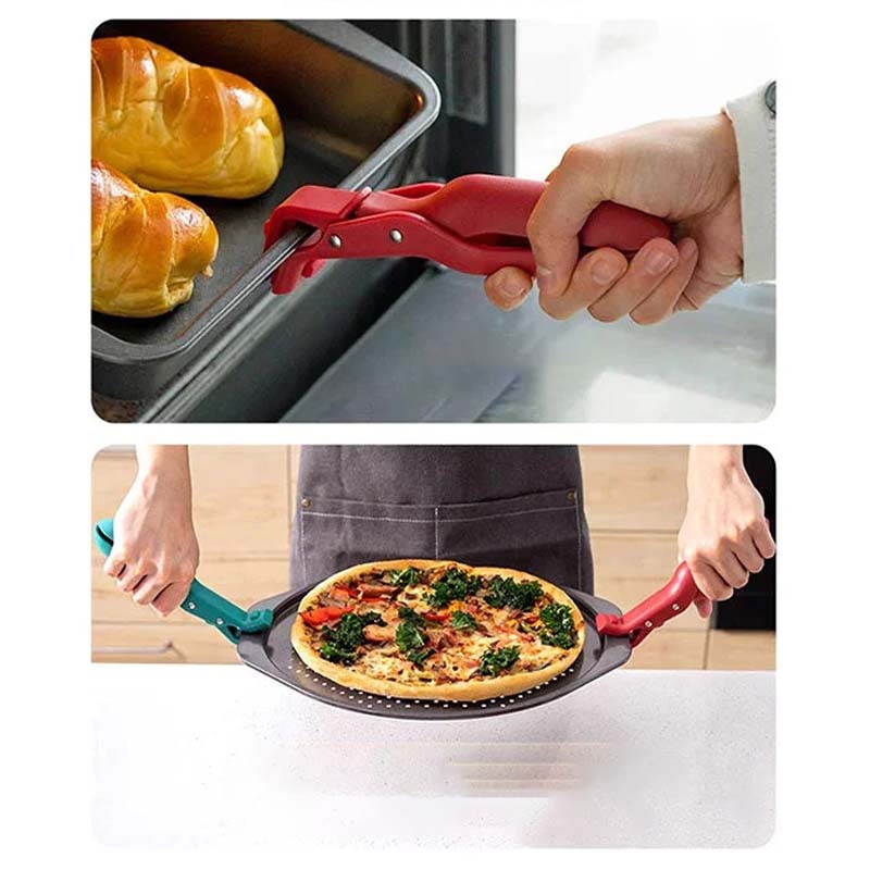 "Multifunktionell skålklämma i grön och röd för säkert grepp; modern design för alla skålstorlekar, halkfri och justerbar."