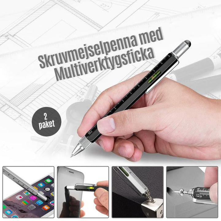 "Multifunktionell skruvmejselpenna med metallkropp, linjal, skruvmejslar, pekskärmsfunktion, i olika färger."