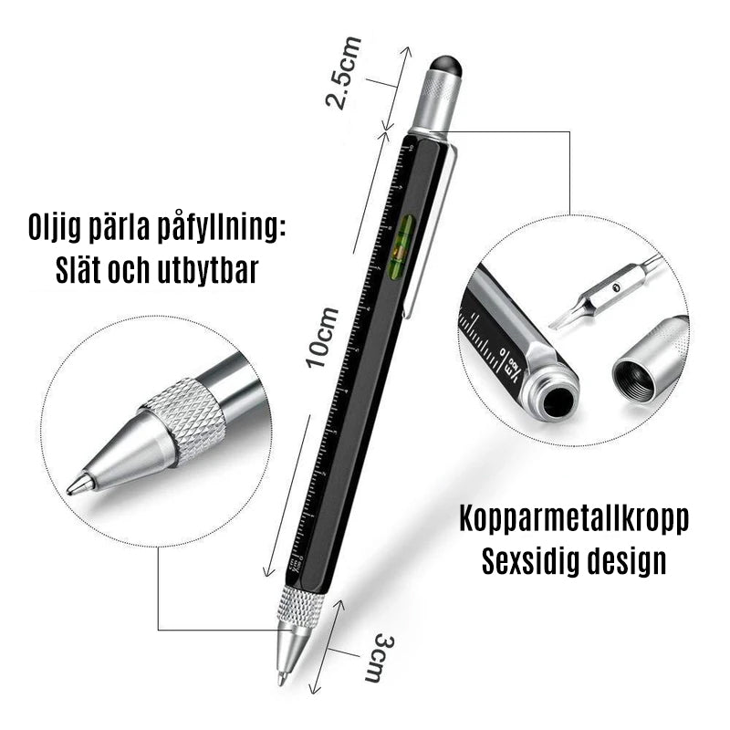 "Multifunktionell skruvmejselpenna med metallkropp, linjal, skruvmejslar, pekskärmsfunktion, i olika färger."