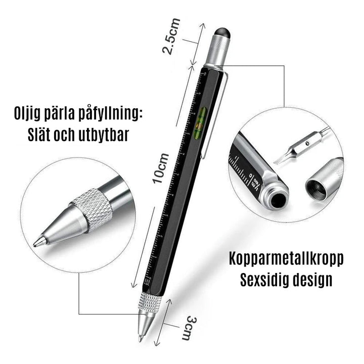"Multifunktionell skruvmejselpenna med metallkropp, linjal, skruvmejslar, pekskärmsfunktion, i olika färger."
