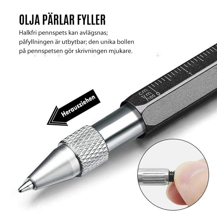 "Multifunktionell skruvmejselpenna med metallkropp, linjal, skruvmejslar, pekskärmsfunktion, i olika färger."
