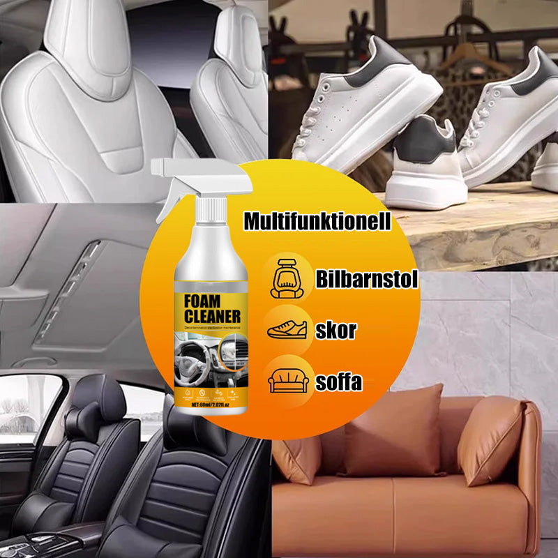 "Multifunktionell skumrengöring för bil och hem, remover fett och smuts på olika ytor, vit flaska med blå etikett."