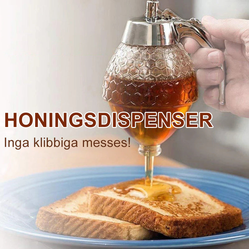 "Multifunktionell smidig honungsdispenser i glas med kromdetaljer för köket, eliminerar spill och klibbighet."