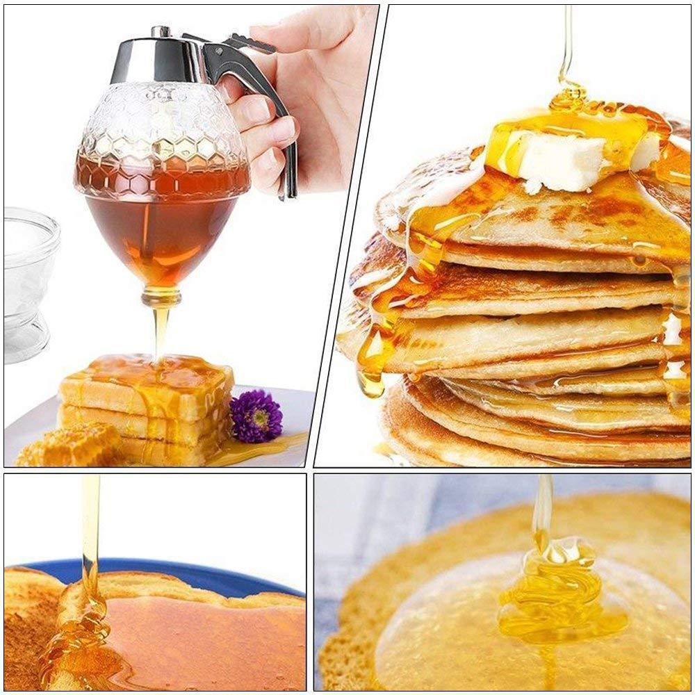 "Multifunktionell smidig honungsdispenser i glas med kromdetaljer för köket, eliminerar spill och klibbighet."