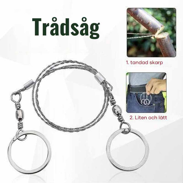 "Multifunktionell ståltrådöverlevnadssåg för utomhus, kompakt design med ringhandtag, idealisk för camping och vandring."