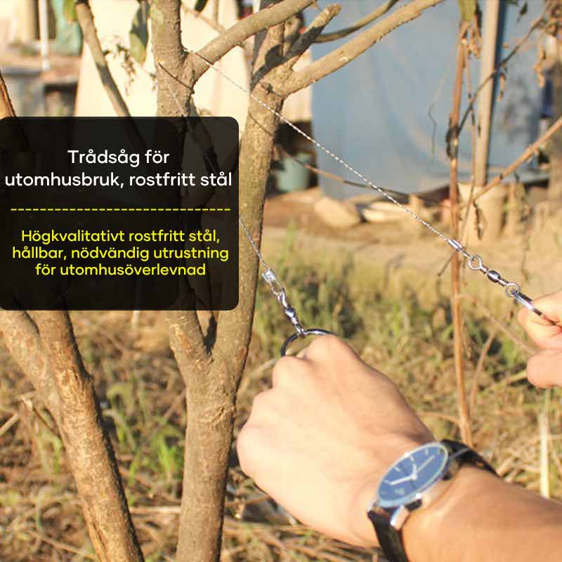"Multifunktionell ståltrådöverlevnadssåg för utomhus, kompakt design med ringhandtag, idealisk för camping och vandring."