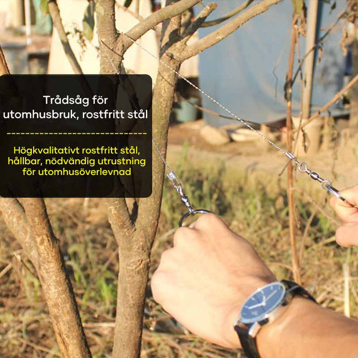 "Multifunktionell ståltrådöverlevnadssåg för utomhus, kompakt design med ringhandtag, idealisk för camping och vandring."