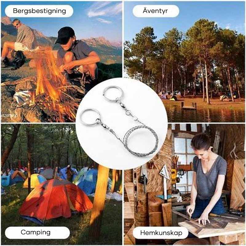 "Multifunktionell ståltrådöverlevnadssåg för utomhus, kompakt design med ringhandtag, idealisk för camping och vandring."