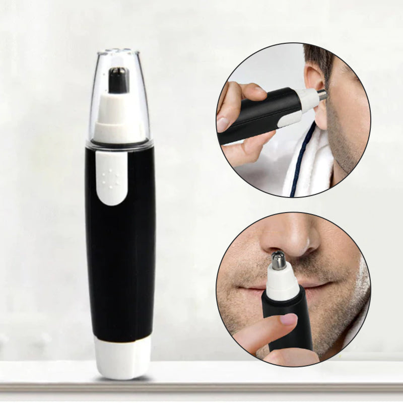 "Multifunktionell trådlös näs- och öronhårtrimmer för herrar, kompakt svart design med ergonomiskt grepp."