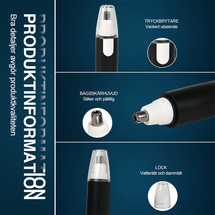 "Multifunktionell trådlös näs- och öronhårtrimmer för herrar, kompakt svart design med ergonomiskt grepp."