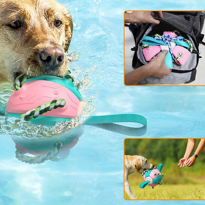 "Multifunktionell tuggig UFO-boll för hundträning med färgglada rep och gummiyta, perfekt för interaktiv lek utomhus."