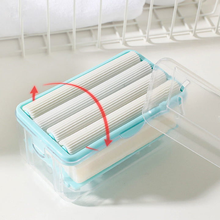 "Multifunktionell tvållåda i grå och blå, kompakt för badrum, med bubbelgenerator och anti-glid, hållbart PP-material."