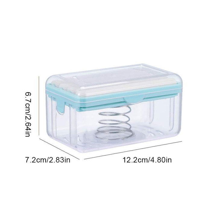 "Multifunktionell tvållåda i grå och blå, kompakt för badrum, med bubbelgenerator och anti-glid, hållbart PP-material."