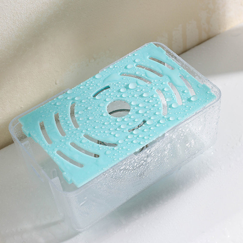 "Multifunktionell tvållåda i grå och blå, kompakt för badrum, med bubbelgenerator och anti-glid, hållbart PP-material."