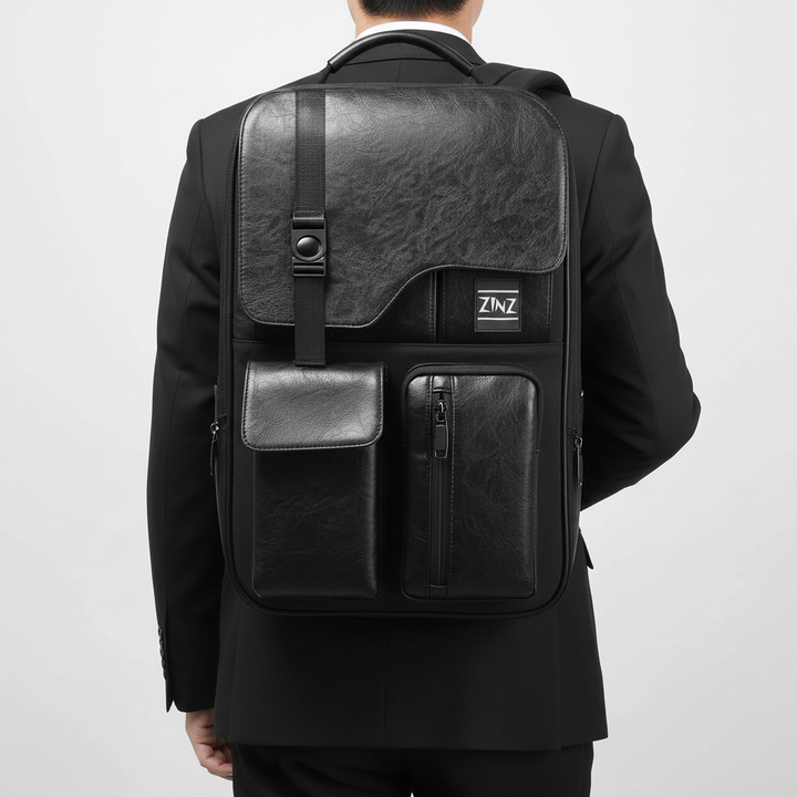Närmast på vattentätt material och dragkedjor. Multifunktionell unisex ryggsäck som skyddar din laptop/utrustning.