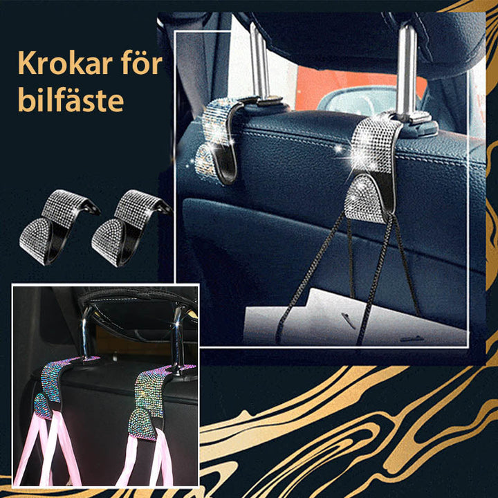 Multifunktionella flerfärgade och vita bilkrokar på baksäte för effektiv förvaring och stilfull bilinteriör.