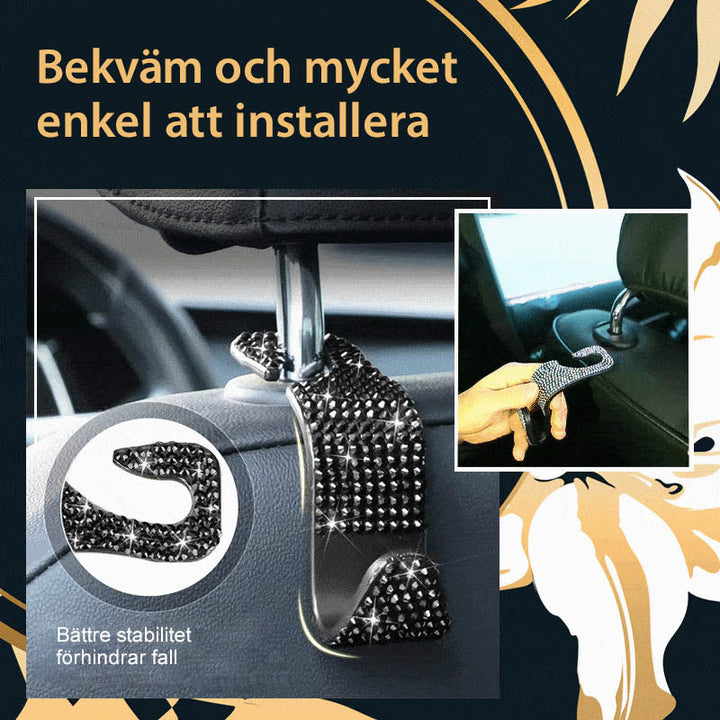 Multifunktionella flerfärgade och vita bilkrokar på baksäte för effektiv förvaring och stilfull bilinteriör.