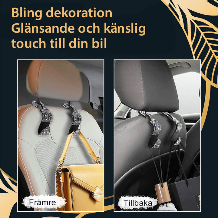 Multifunktionella flerfärgade och vita bilkrokar på baksäte för effektiv förvaring och stilfull bilinteriör.